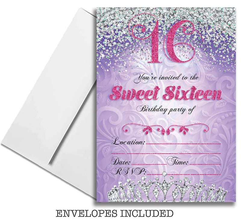 JT Studios Sweet 16 Sixteen Birthday Party Double Sided Purple Invitations, Set of 25 5x7 Girl's 16th Birthday Invitations includes Envelopes - Image 3
